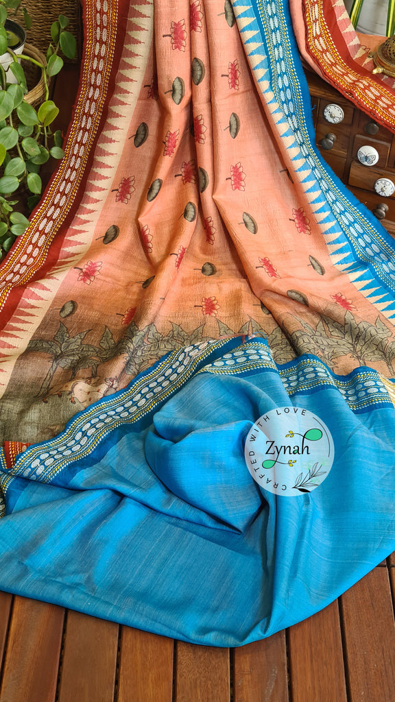 Zynah Pure Vidarbha Tussar Silk Saree with Pichwai Print, Karvati Kinar & Temple border; Custom Stitched/Ready-made Blouse, Fall, Petticoat; Shipping available USA, Worldwide