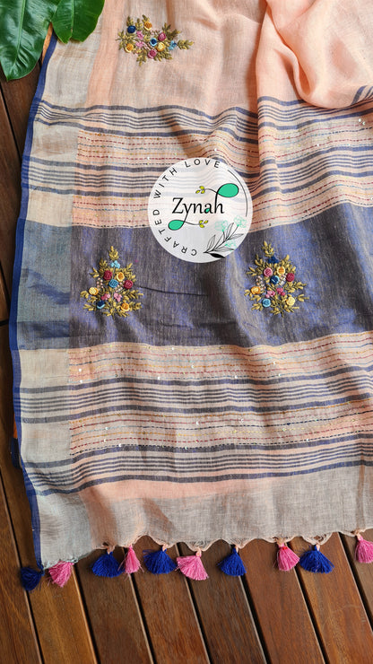Zynah Pure Linen(120c) Handcrafted Saree with French Knot Hand Embroidery; Custom Stitched/Ready-made Blouse, Fall, Petticoat; Shipping available USA, Worldwide