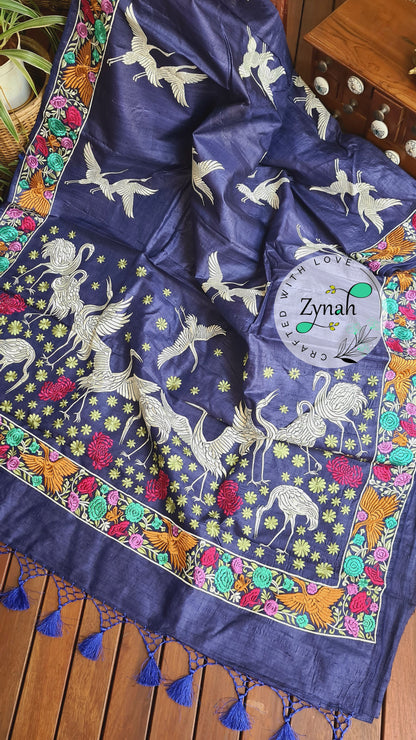 Zynah Pure Tussar Silk Parsi work Inspired Saree, Flamingo Bird Motifs; Custom Stitched/Ready-made Blouse, Fall, Petticoat; Shipping available USA, Worldwide