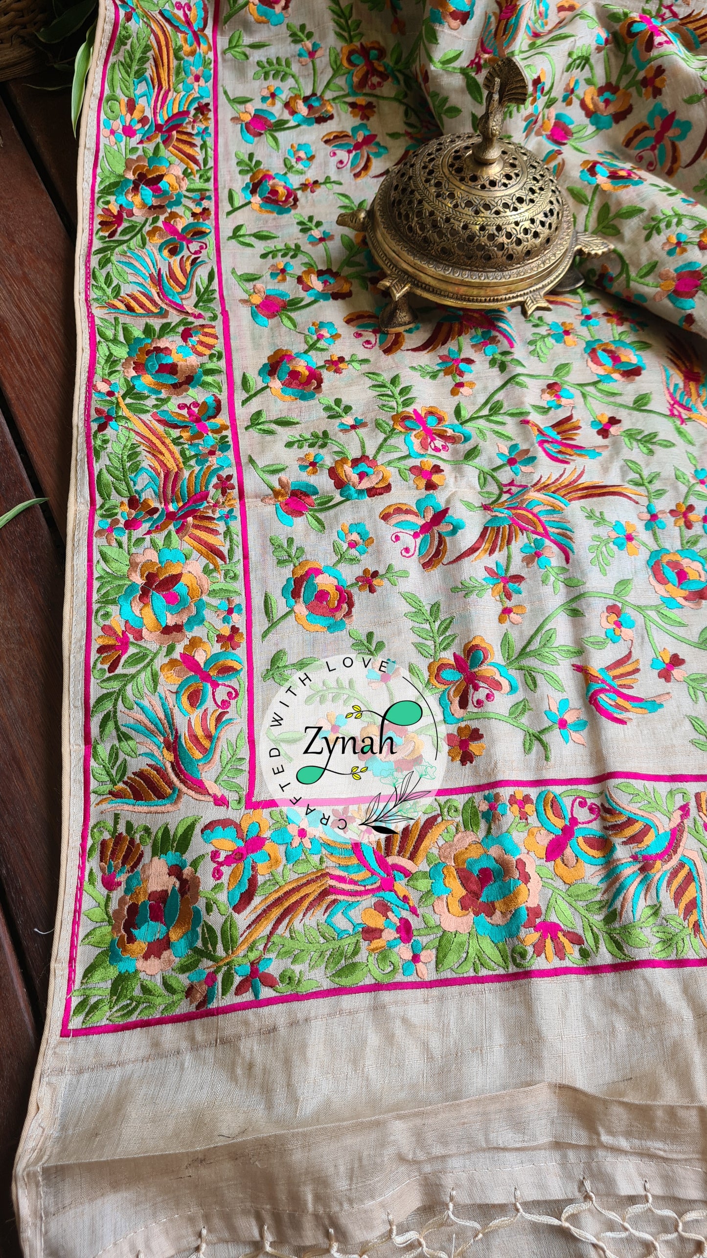 Zynah Pure Tussar Silk Parsi work Inspired Saree, Flamingo Bird Motifs; Custom Stitched/Ready-made Blouse, Fall, Petticoat; Shipping available USA, Worldwide