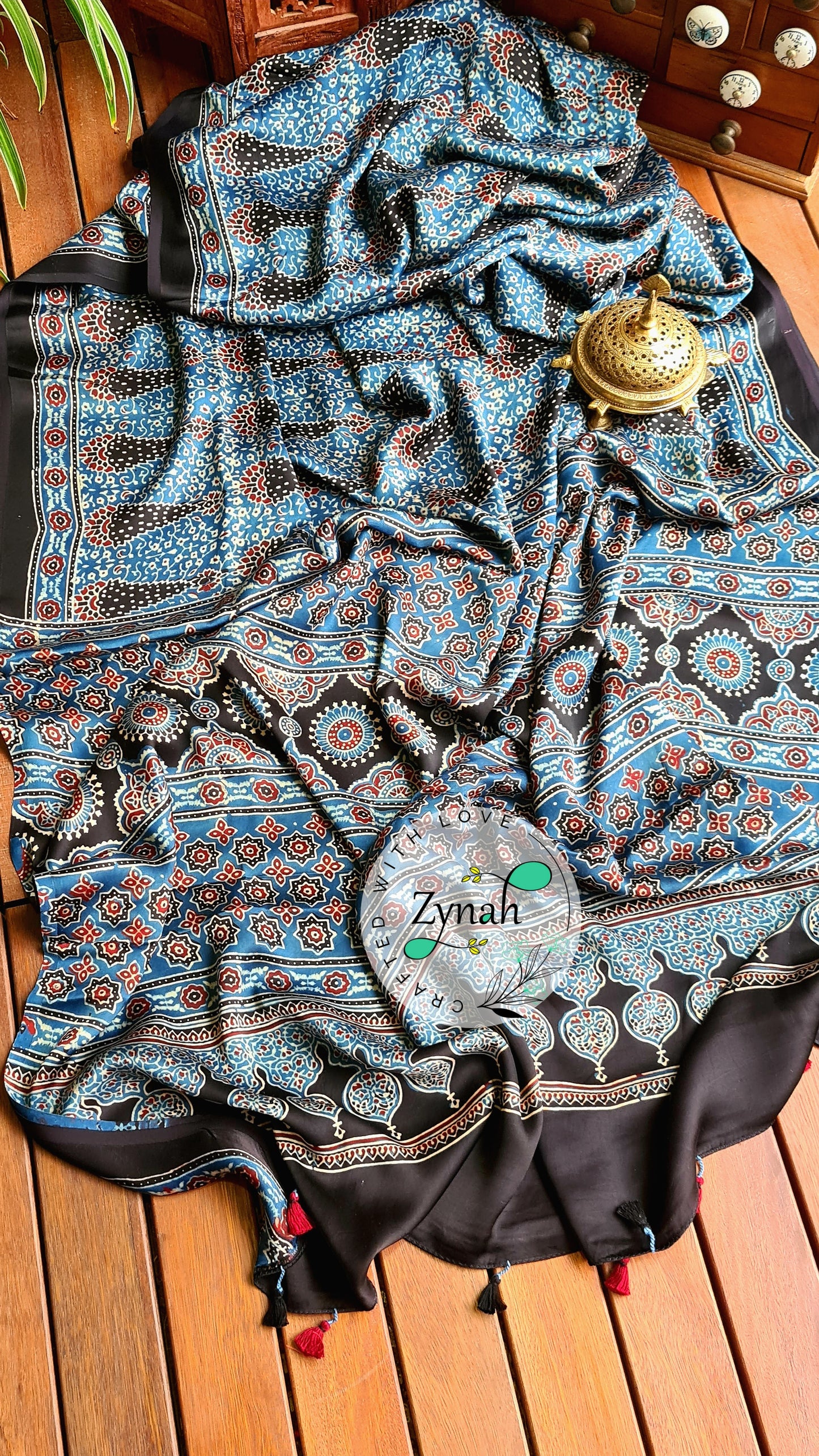 Zynah Pure Modal Silk Ajrakh Saree with Handblock Prints; Custom Stitched/Ready-made Blouse, Fall, Petticoat; Shipping available USA, Worldwide