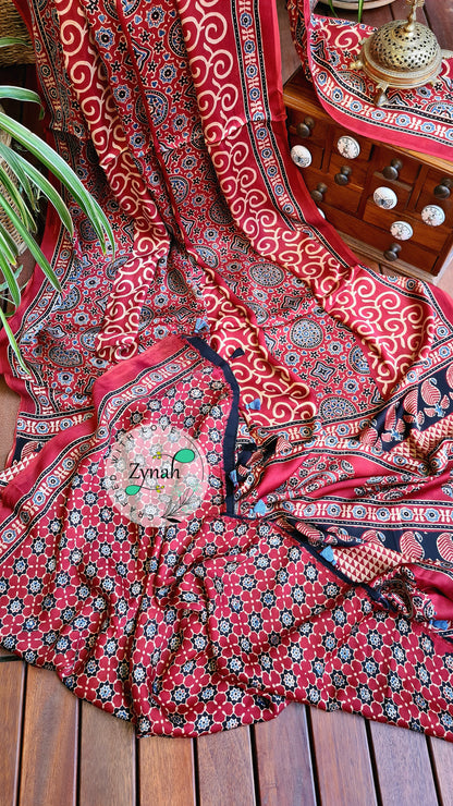 Zynah Pure Modal Silk Ajrakh Saree with Handblock Prints; Custom Stitched/Ready-made Blouse, Fall, Petticoat; Shipping available USA, Worldwide