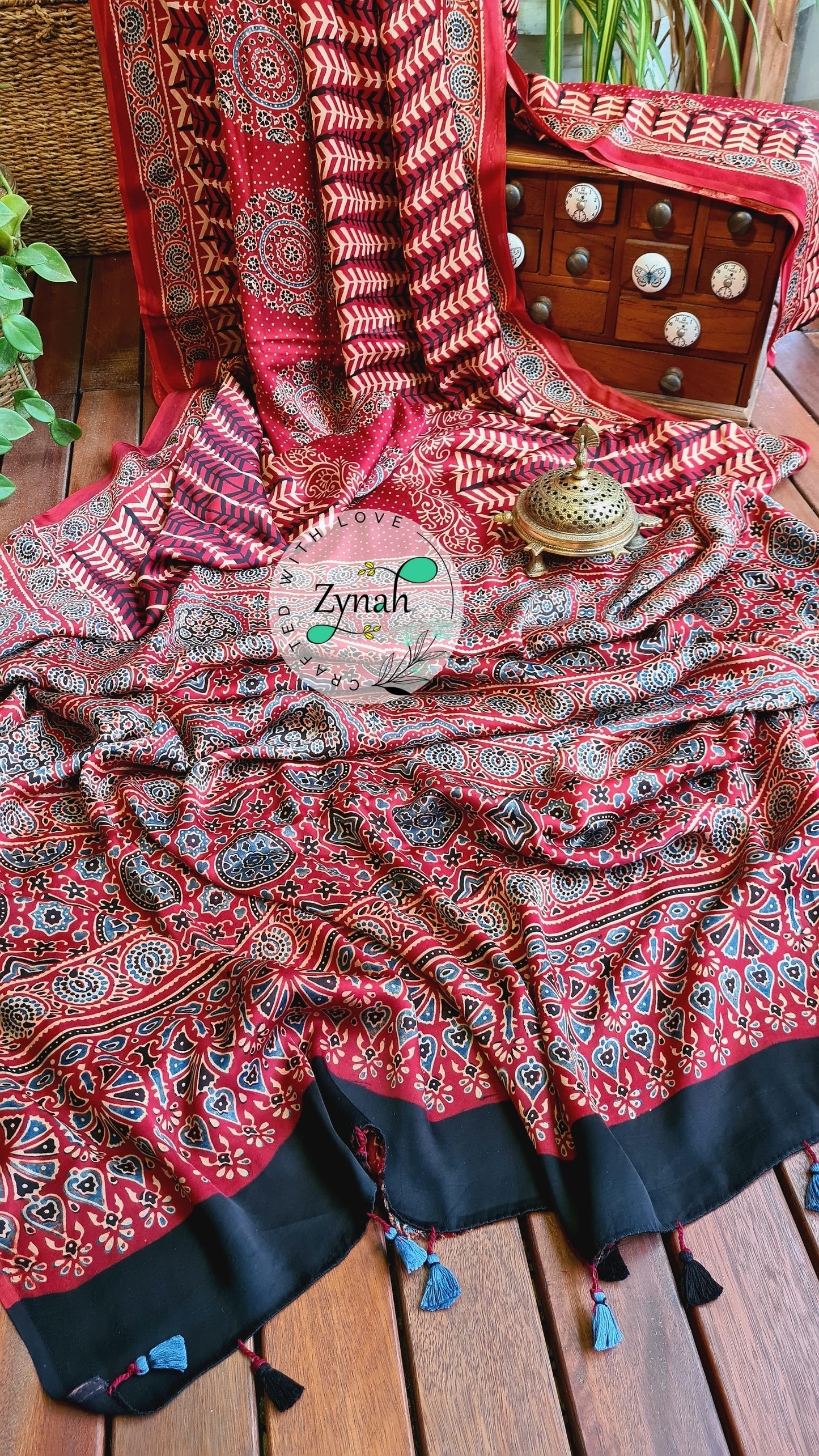 Zynah Pure Modal Silk Ajrakh Saree with Handblock Prints; Custom Stitched/Ready-made Blouse, Fall, Petticoat; Shipping available USA, Worldwide