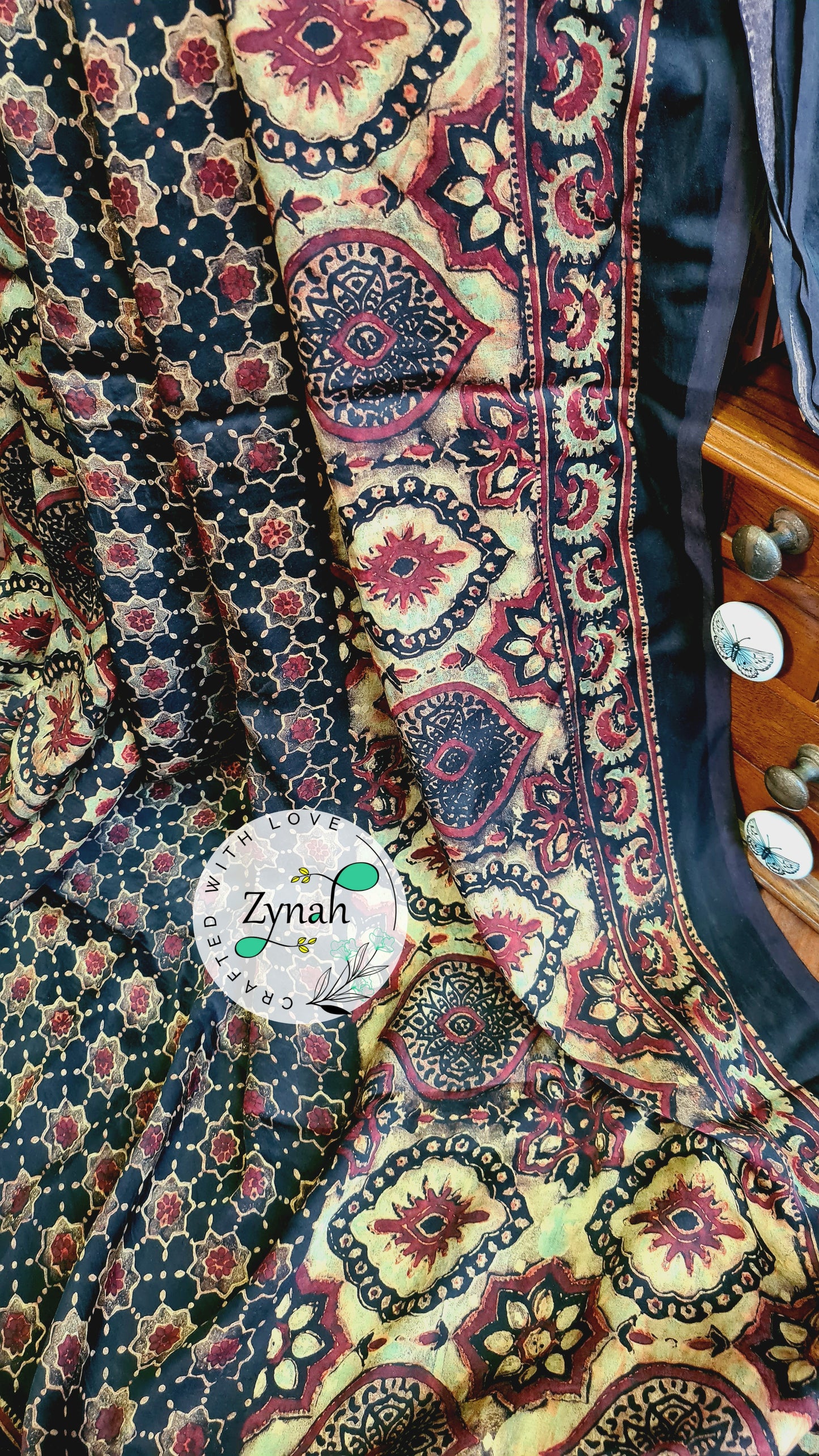 Zynah Pure Modal Silk Ajrakh Saree with Handblock Prints; Custom Stitched/Ready-made Blouse, Fall, Petticoat; Shipping available USA, Worldwide