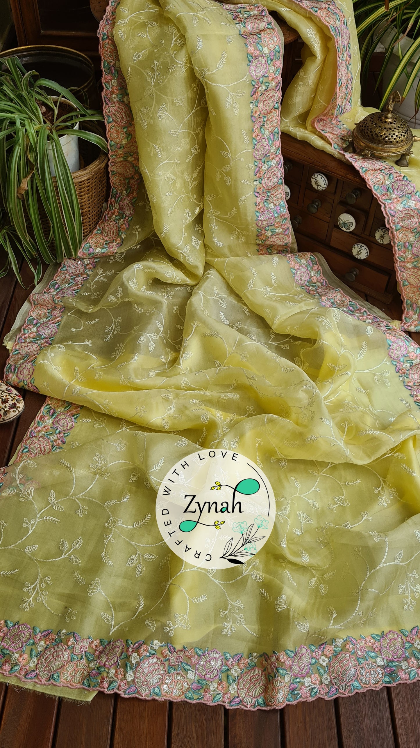 Zynah Pure Organza Silk Saree with Scalloped Border, Thread Embroidery & Sequence Work; Custom Stitched/Ready-made Blouse, Fall, Petticoat; Shipping available USA, Worldwide