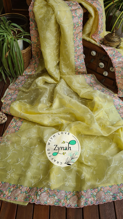 Zynah Pure Organza Silk Saree with Scalloped Border, Thread Embroidery & Sequence Work; Custom Stitched/Ready-made Blouse, Fall, Petticoat; Shipping available USA, Worldwide