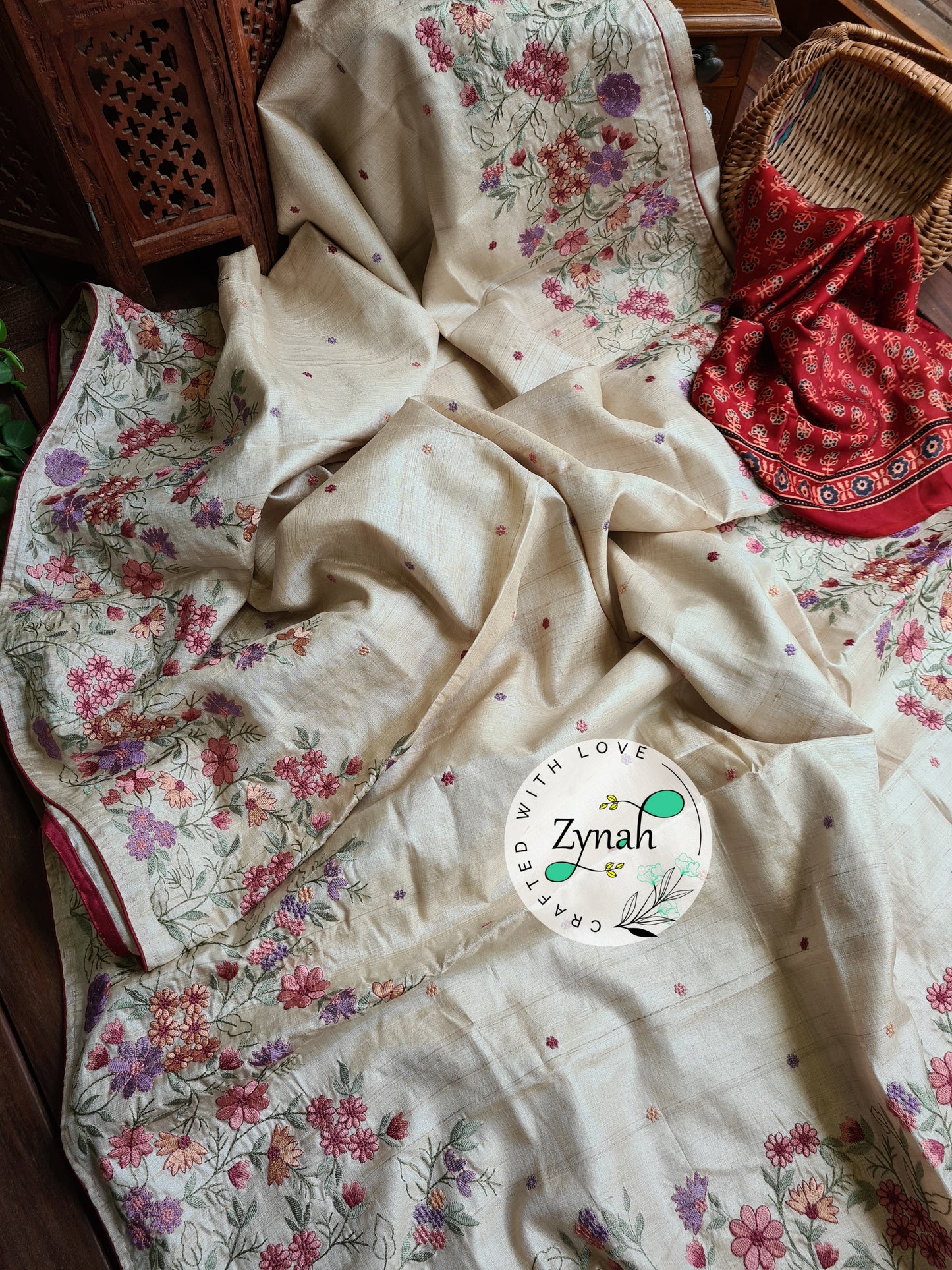 Zynah Pure Tussar Silk Embroidered Saree with 2 blouse pieces; Custom Stitched/Ready-made Blouse, Fall, Petticoat; Shipping available USA, Worldwide