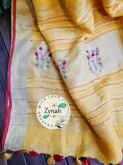 Zynah Pure Linen(120c) Handcrafted Saree with French Knot Hand Embroidery; Custom Stitched/Ready-made Blouse, Fall, Petticoat; Shipping available USA, Worldwide