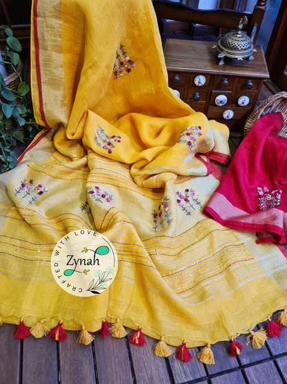 Zynah Pure Linen(120c) Handcrafted Saree with French Knot Hand Embroidery; Custom Stitched/Ready-made Blouse, Fall, Petticoat; Shipping available USA, Worldwide