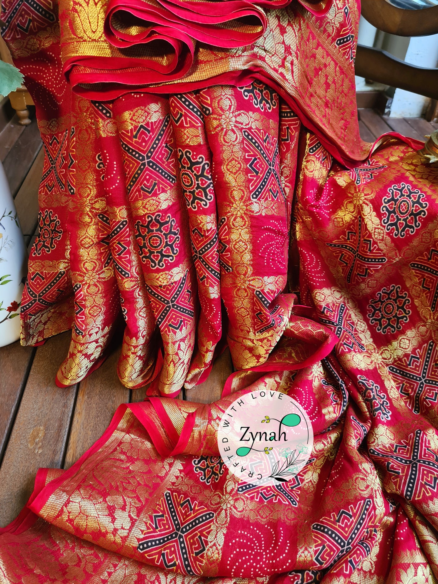 Zynah Pure Munga Silk Saree with Ajrakh Prints & Gharchola Zari Weave; Custom Stitched/Ready-made Blouse, Fall, Petticoat; Shipping available USA, Worldwide