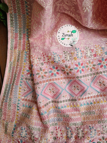 Zynah Pure Organza Silk Saree with Kantha Style Embroidery; Custom Stitched/Ready-made Blouse, Fall, Petticoat; Shipping available USA, Worldwide