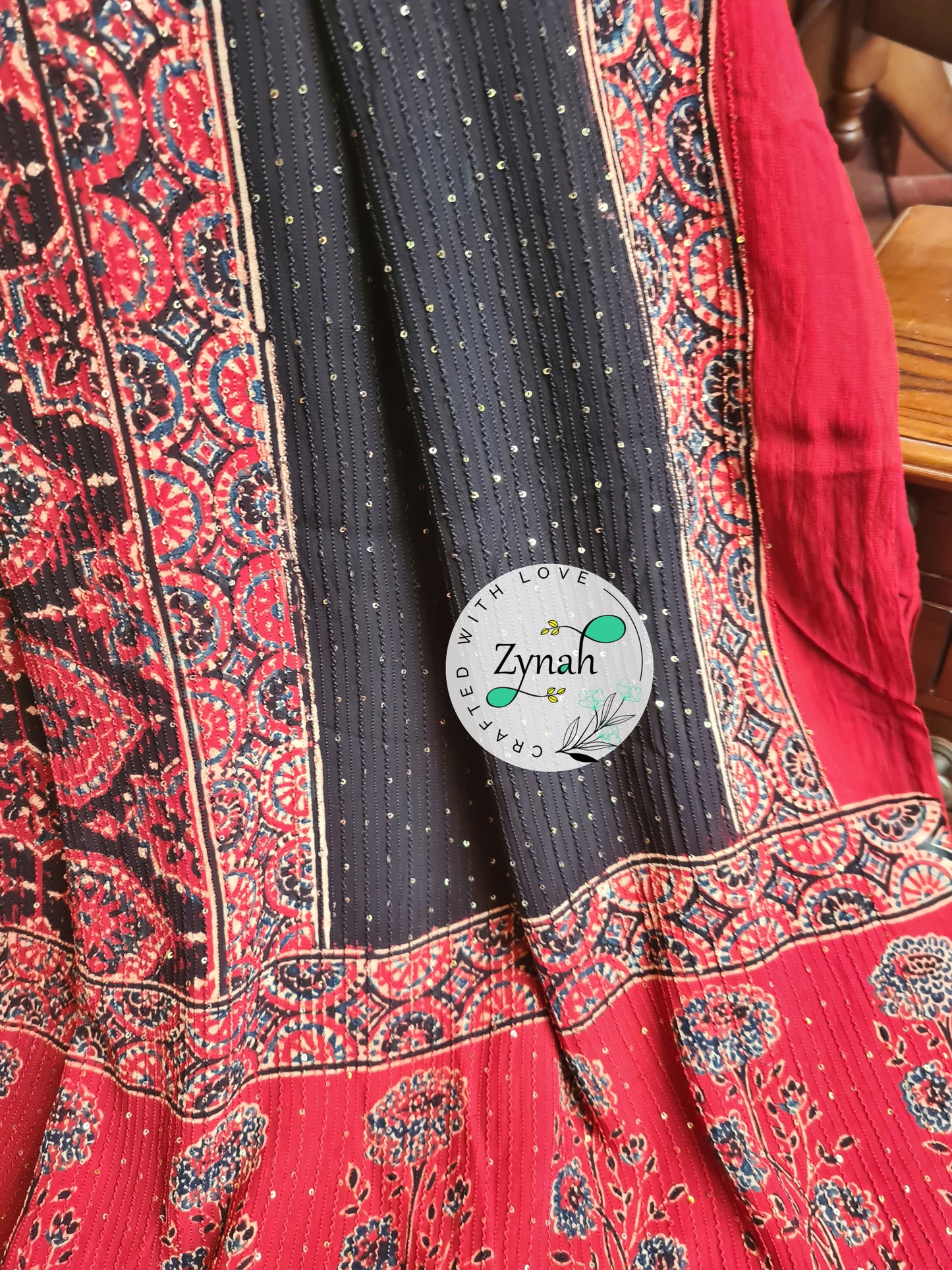 Zynah Black & Red Color Pure Georgette Sequence Work Saree with Ajrakh Handblock Prints; Custom Stitched/Ready-made Blouse, Fall, Petticoat; Shipping available USA, Worldwide