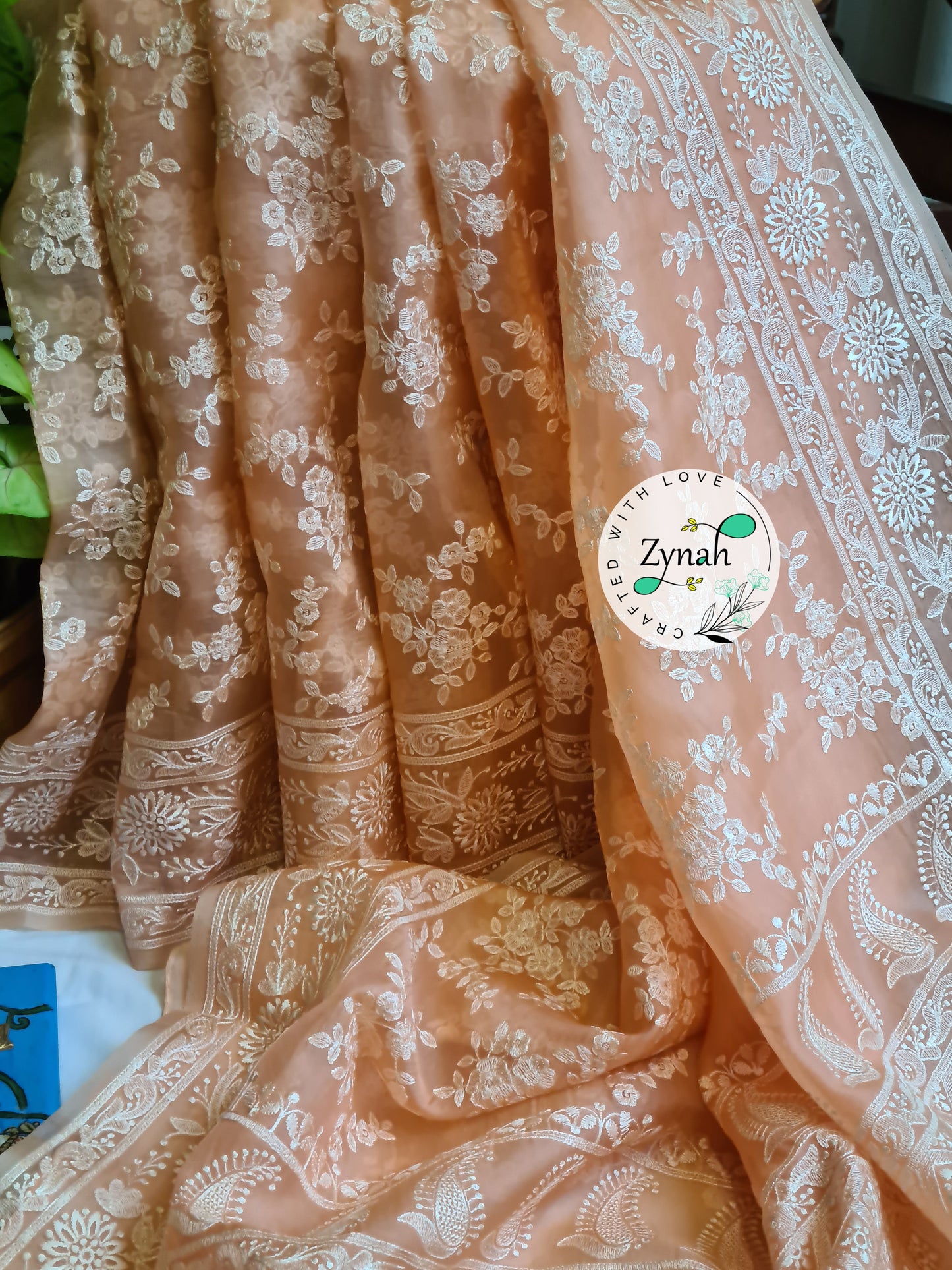 Zynah Peach Color Pure Organza Chikankari Saree in Pastel Shade; Custom Stitched/Ready-made Blouse, Fall, Petticoat; Shipping available USA, Worldwide