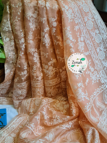 Zynah Peach Color Pure Organza Chikankari Saree in Pastel Shade; Custom Stitched/Ready-made Blouse, Fall, Petticoat; Shipping available USA, Worldwide