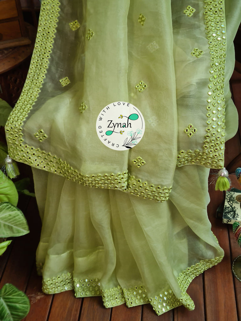 Zynah Green Color Pure Organza Silk Saree with Mirror Kutchi Work; Custom Stitched/Ready-made Blouse, Fall, Petticoat; Shipping available USA, Worldwide