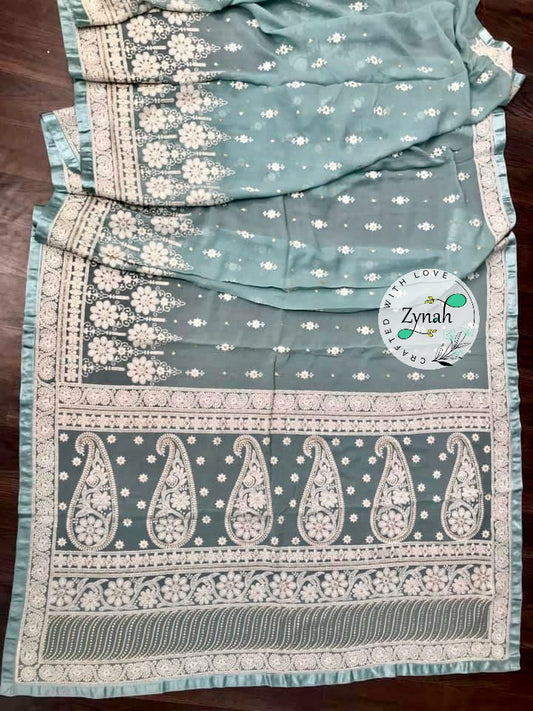 Zynah Pure Georgette Chikankari Saree with Sequence work; Custom Stitched/Ready-made Blouse, Fall, Petticoat; Shipping available USA, Worldwide