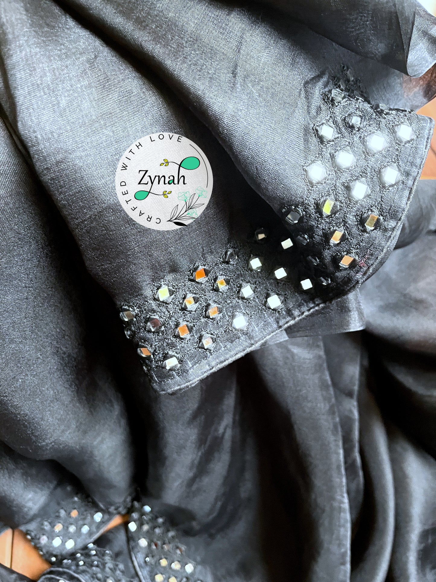 Zynah Pure Organza Silk Saree with Mirror Kutchi Work; Custom Stitched/Ready-made Blouse, Fall, Petticoat; Shipping available USA, Worldwide