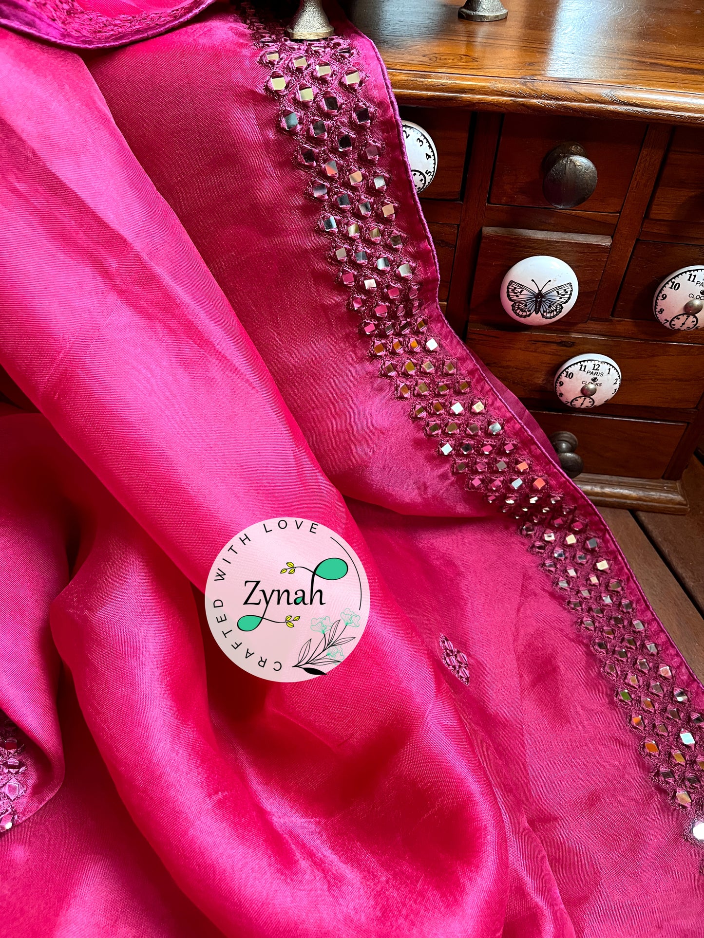 Zynah Pure Organza Silk Saree with Mirror Kutchi Work; Custom Stitched/Ready-made Blouse, Fall, Petticoat; Shipping available USA, Worldwide