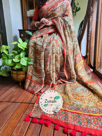 Zynah Blue Color Kalamkari Organic Lab Tested 120 Count pure 'Linen by Linen' Saree; Custom Stitched/Ready-made Blouse, Fall, Petticoat; Shipping available USA, Worldwide