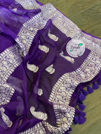 Zynah Pure Banarasi Handloom Khaddi Georgette Saree with Zari Border & Butis; Custom Stitched/Ready-made Blouse, Fall, Petticoat; Shipping available USA, Worldwide