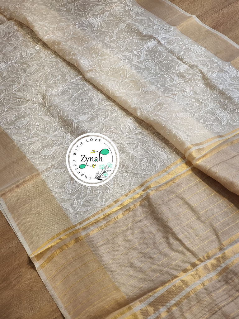 Zynah Off-White Color Pure Tussar Kota Silk Saree with Heavy Chikankari Embroidery With Double Ghiccha Pallu and Heavy Tassels; Custom Stitched/Ready-made Blouse, Fall, Petticoat; Shipping available USA, Worldwide