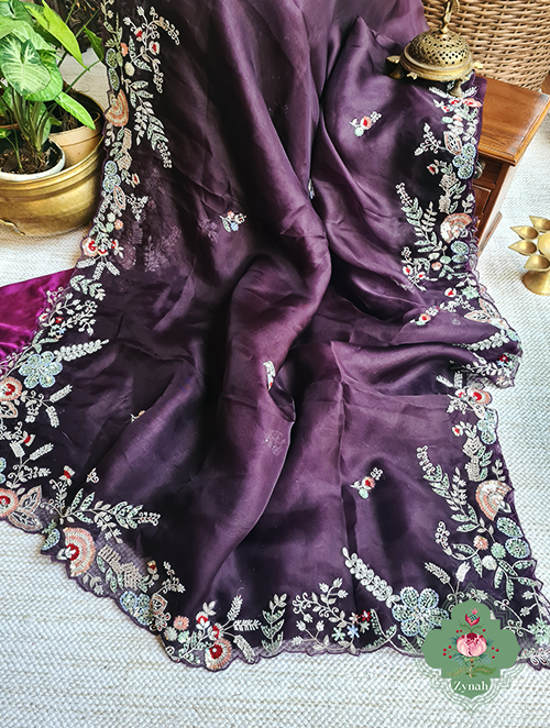 Zynah Aubergine Color Pure Organza Silk Saree With Pastel Sequins, Zardosi, Cutdana, Pearls Handwork & Thread Embroidery; Custom Stitched/Ready-made Blouse, Fall, Petticoat; SKU: 1001202301