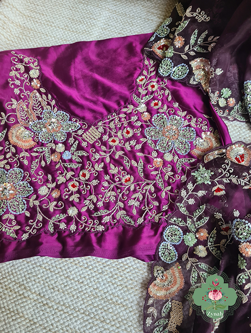 Zynah Aubergine Color Pure Organza Silk Saree With Pastel Sequins, Zardosi, Cutdana, Pearls Handwork & Thread Embroidery; Custom Stitched/Ready-made Blouse, Fall, Petticoat; SKU: 1001202301