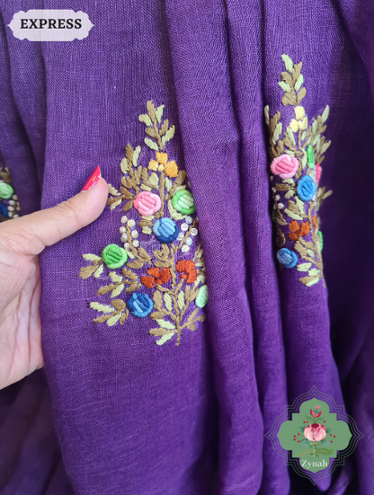 Zynah Aubergine Organic & Superior Count Pure Linen By Linen Saree With Zari Border, French-knot Embroidered Butis & Kantha Work Pallu; Custom Stitched/Ready-made Blouse, Fall, Petticoat; SKU: 2401202302