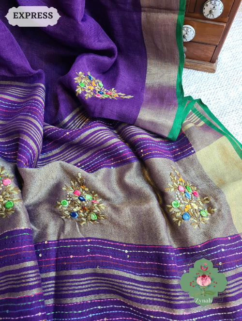Zynah Aubergine Organic & Superior Count Pure Linen By Linen Saree With Zari Border, French-knot Embroidered Butis & Kantha Work Pallu; Custom Stitched/Ready-made Blouse, Fall, Petticoat; SKU: 2401202302