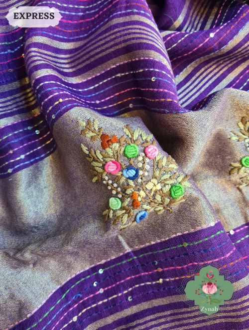 Zynah Aubergine Organic & Superior Count Pure Linen By Linen Saree With Zari Border, French-knot Embroidered Butis & Kantha Work Pallu; Custom Stitched/Ready-made Blouse, Fall, Petticoat; SKU: 2401202302