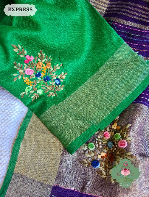 Zynah Aubergine Organic & Superior Count Pure Linen By Linen Saree With Zari Border, French-knot Embroidered Butis & Kantha Work Pallu; Custom Stitched/Ready-made Blouse, Fall, Petticoat; SKU: 2401202302