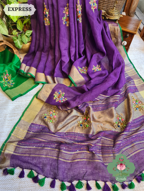 Zynah Aubergine Organic & Superior Count Pure Linen By Linen Saree With Zari Border, French-knot Embroidered Butis & Kantha Work Pallu; Custom Stitched/Ready-made Blouse, Fall, Petticoat; SKU: 2401202302