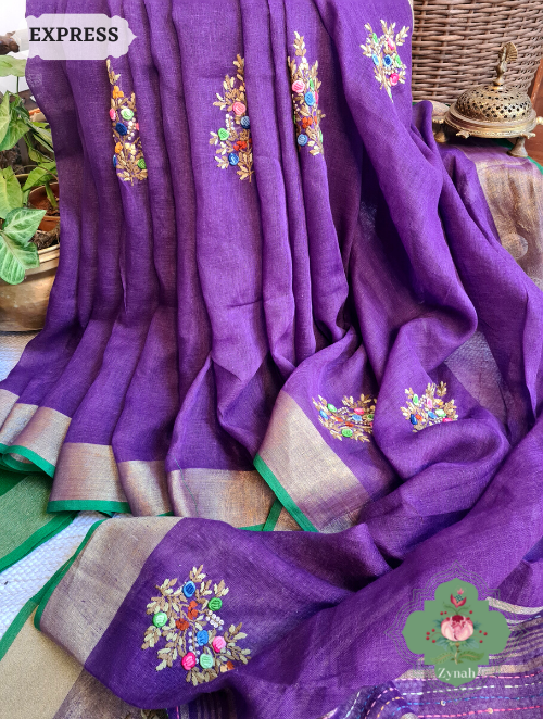 Zynah Aubergine Organic & Superior Count Pure Linen By Linen Saree With Zari Border, French-knot Embroidered Butis & Kantha Work Pallu; Custom Stitched/Ready-made Blouse, Fall, Petticoat; SKU: 2401202302