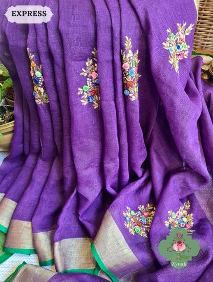 Zynah Aubergine Organic & Superior Count Pure Linen By Linen Saree With Zari Border, French-knot Embroidered Butis & Kantha Work Pallu; Custom Stitched/Ready-made Blouse, Fall, Petticoat; SKU: 2401202302