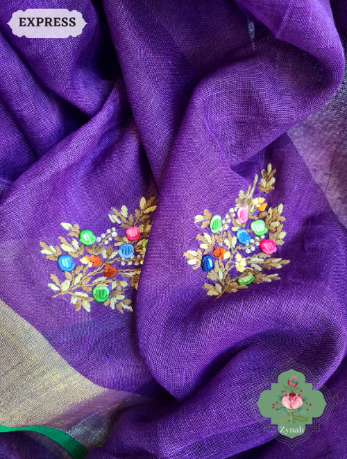 Zynah Aubergine Organic & Superior Count Pure Linen By Linen Saree With Zari Border, French-knot Embroidered Butis & Kantha Work Pallu; Custom Stitched/Ready-made Blouse, Fall, Petticoat; SKU: 2401202302