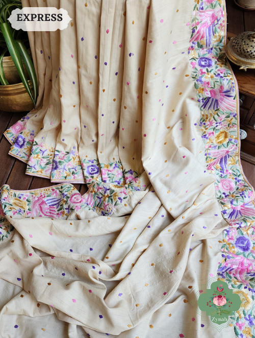 Beige Tussar Silk Parsi Gara Hand Embroidered Saree with intricate embroidery showcasing the iconic Parsi Gara work.
