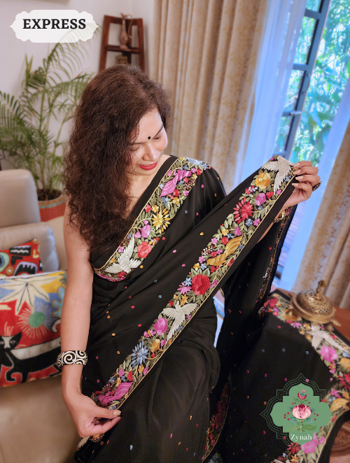Zynah Black Pure Crepe Silk Hand Embroidered Parsi Gara Saree, Authentic Vintage Art, Heirloom Piece; Custom Stitched/Ready-made Blouse, Fall, Petticoat; SKU: 2302202307