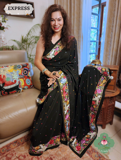Zynah Made to Order Black Pure Crepe Silk Hand Embroidered Parsi Gara Saree, Authentic Vintage Art, Heirloom Piece; Custom Stitched/Ready-made Blouse, Fall, Petticoat; SKU: 2302202307