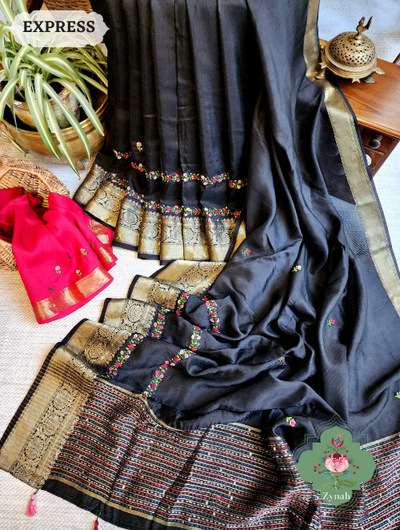 Zynah Black Munga Silk Saree with Zari Borders, Frenchknot & Kantha Embroidery, and beautiful hand-embroidered vine.