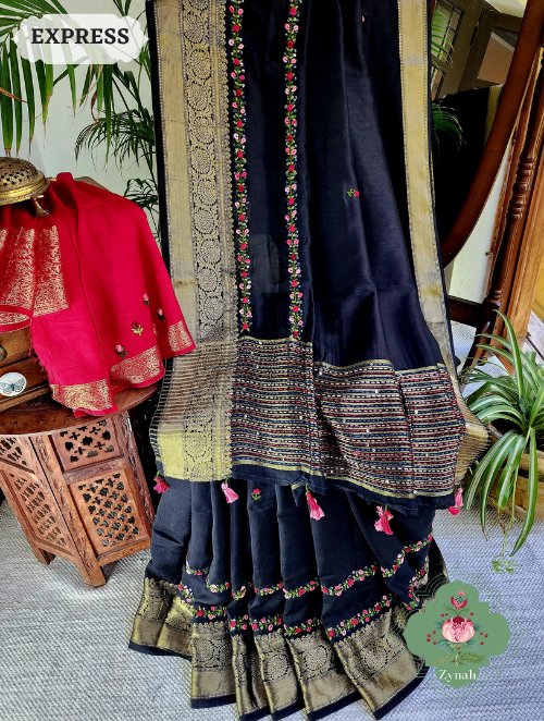 Zynah Black Munga Silk Saree With Zari Borders And Frenchknot & Kantha Embroidery; Custom Stitched/Ready-made Blouse, Fall, Petticoat; SKU: 1804202303