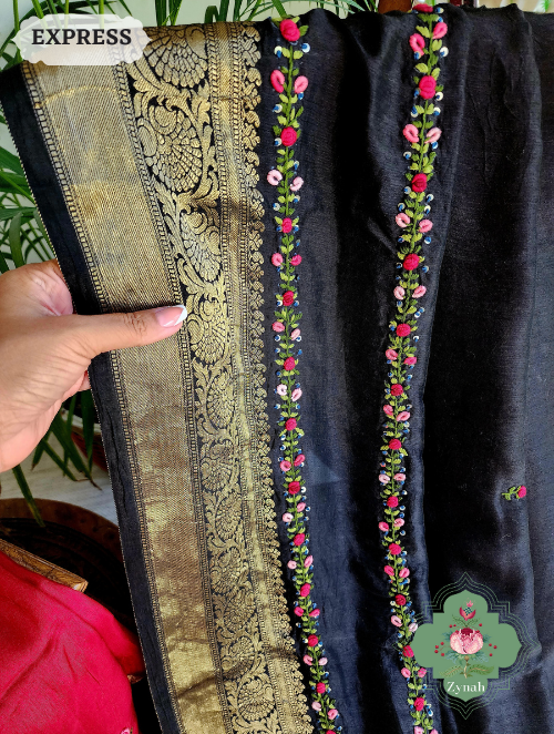 Zynah Black Munga Silk Saree With Zari Borders And Frenchknot & Kantha Embroidery; Custom Stitched/Ready-made Blouse, Fall, Petticoat; SKU: 1804202303