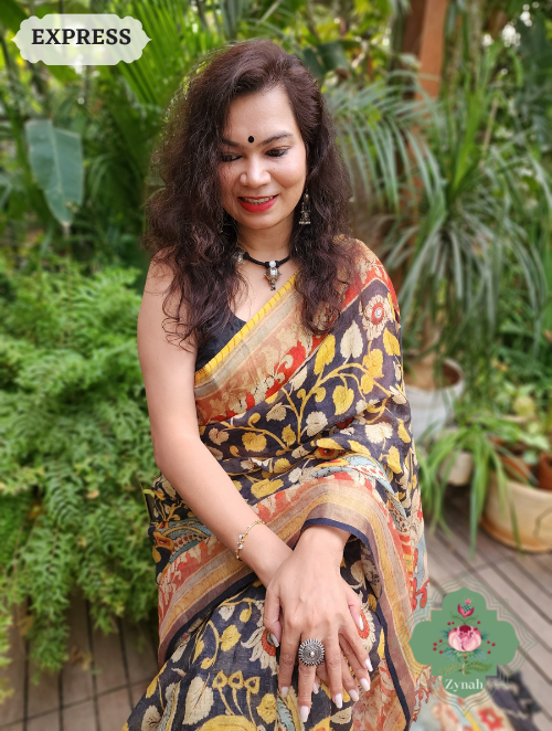 Zynah Black Organic Linen Saree With Kalamkari Print & Zari Border; Custom Stitched/Ready-made Blouse, Fall, Petticoat; SKU: 0903202303