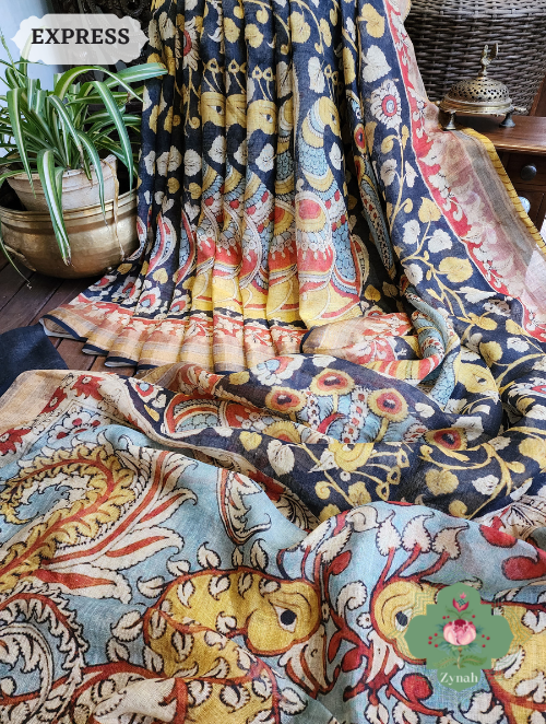 Zynah Black Organic Linen Saree With Kalamkari Print & Zari Border; Custom Stitched/Ready-made Blouse, Fall, Petticoat; SKU: 0903202303
