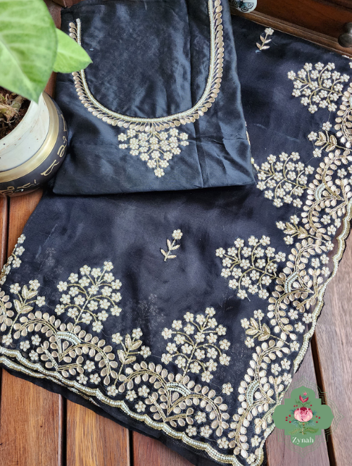 Zynah Black Pure Organza Silk Saree with Gotta Patti, Cut Dana & Pearl Work; Custom Stitched/Ready-made Blouse, Fall, Petticoat; SKU: 0404202304