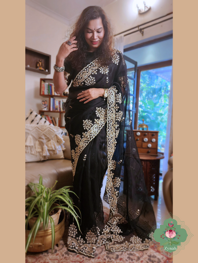 Black Organza Silk Saree - Lightweight, elegant saree with intricate embellishments. Perfect for special occasions