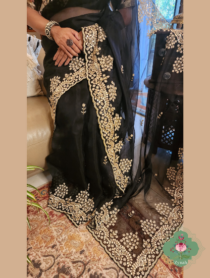 Zynah Black Pure Organza Silk Saree with Gotta Patti, Cut Dana & Pearl Work; Custom Stitched/Ready-made Blouse, Fall, Petticoat; SKU: 0404202304