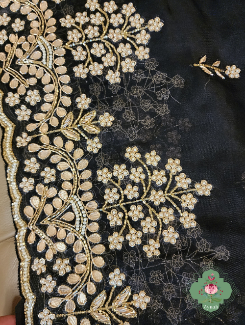 Zynah Black Pure Organza Silk Saree with Gotta Patti, Cut Dana & Pearl Work; Custom Stitched/Ready-made Blouse, Fall, Petticoat; SKU: 0404202304