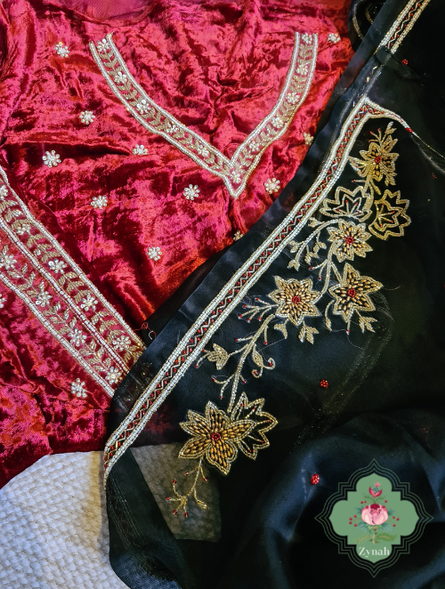 Zynah Black Pure Organza Silk Saree With Pearl, Cutdana & Sugar Beads Handwork; Custom Stitched/Ready-made Blouse, Fall, Petticoat; SKU: 1402202302