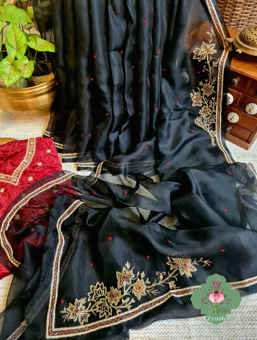 Zynah Black Pure Organza Silk Saree With Pearl, Cutdana & Sugar Beads Handwork; Custom Stitched/Ready-made Blouse, Fall, Petticoat; SKU: 1402202302
