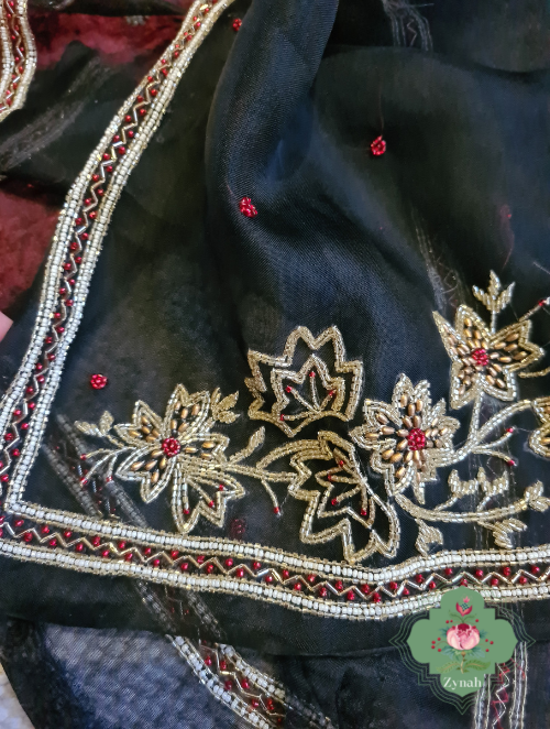 Zynah Black Pure Organza Silk Saree With Pearl, Cutdana & Sugar Beads Handwork; Custom Stitched/Ready-made Blouse, Fall, Petticoat; SKU: 1402202302